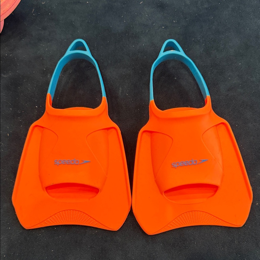 Speedo Kids Training Swim Fins in Bright Orange with Teal Straps